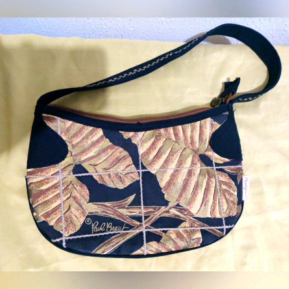 Paul Breut Black with Gold leaves Design Women's Bag Shoulder Strap Zip Close.